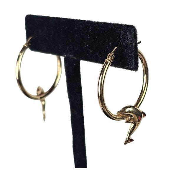 Vintage Hoop Jumping Dolphin Tube, 10K Signed AAJ, Polished Pierced Ear Earrings - Picture 1 of 5